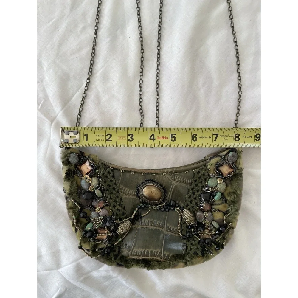 MARY FRANCES Green Leather Croc Highly Embellished Faux Fur Hobo Shoulder Bag